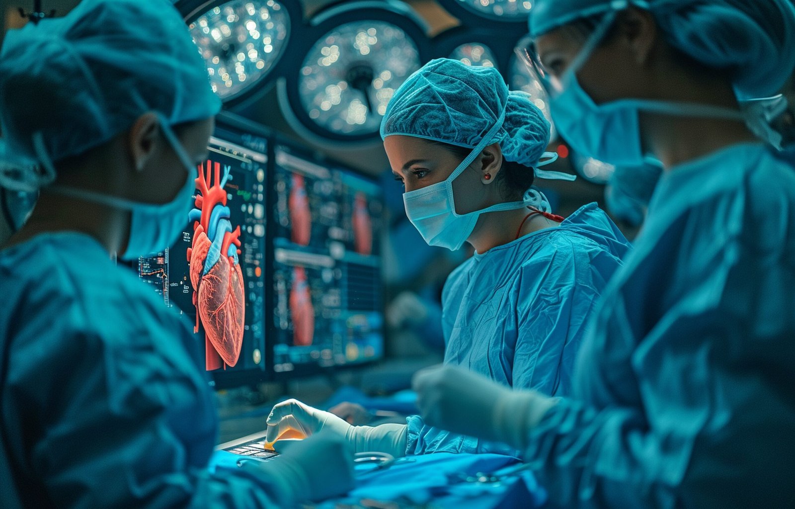 In a state-of-the-art operating room, a surgical team uses holog